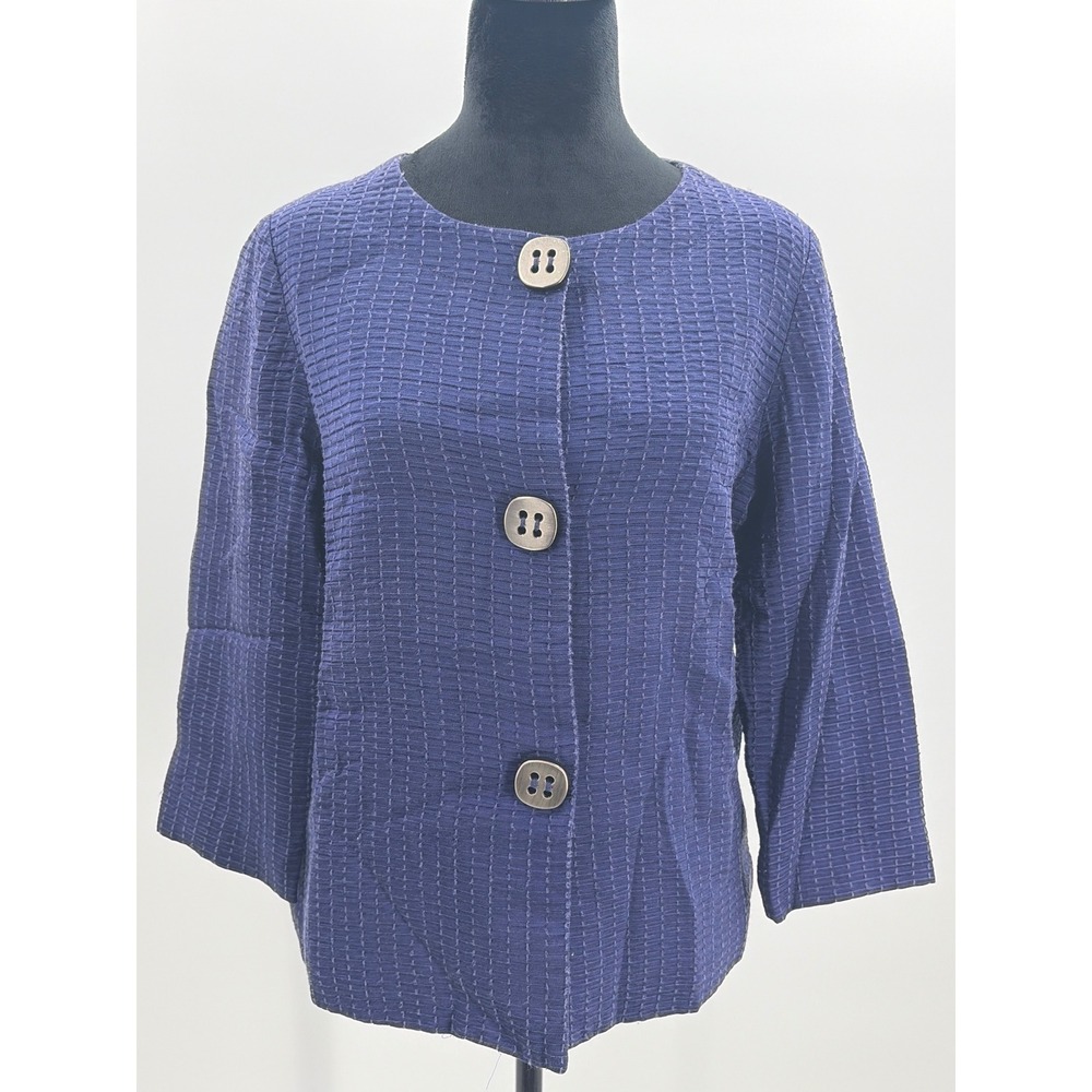 Chico's Textured Button Front 3/4 Sleeve‎ Cropped Mandy Jacket Blue size Small